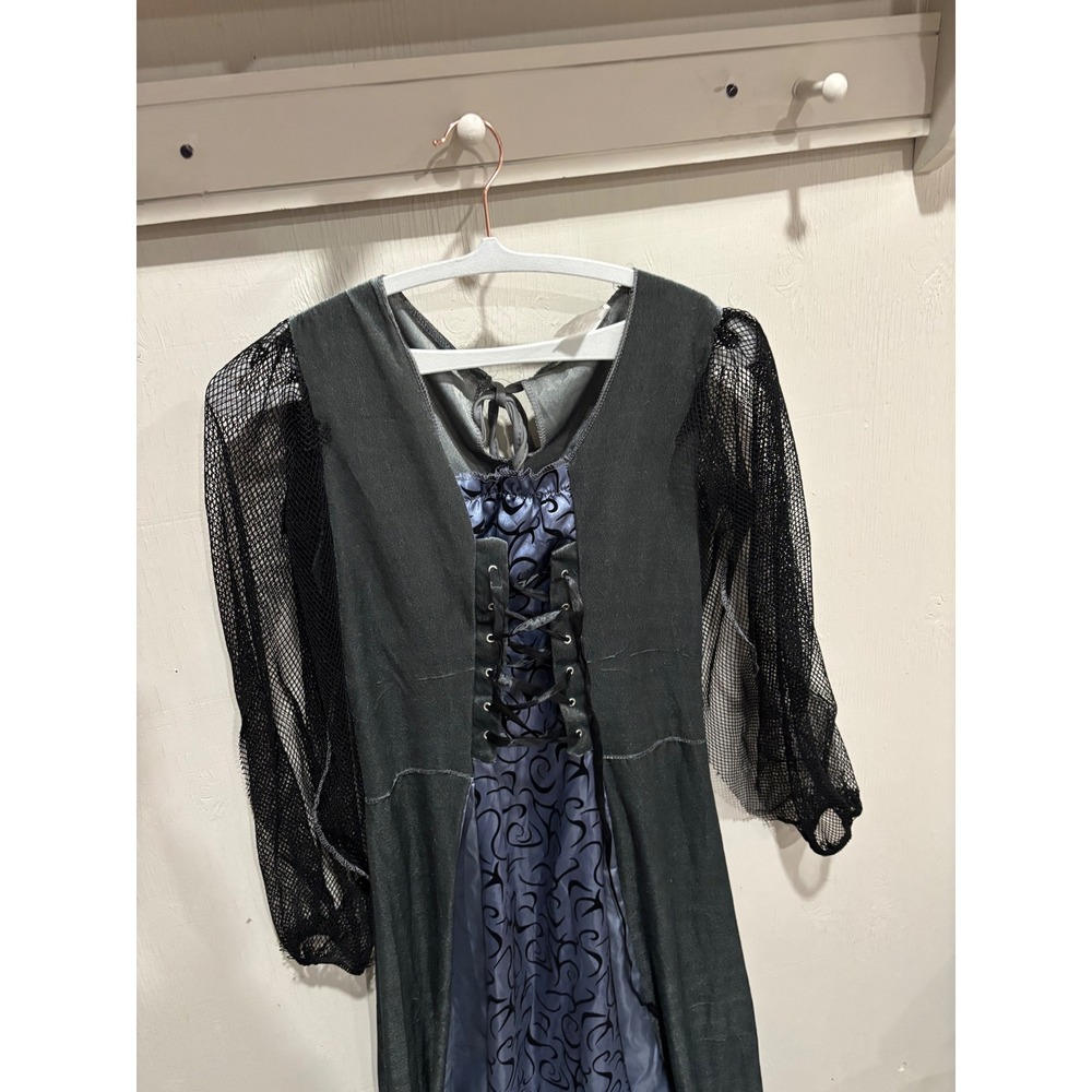 Witch Costume Set Gothic Black Blue Velvet Gown with Spiderweb Hat Halloween - Picture 2 of 4